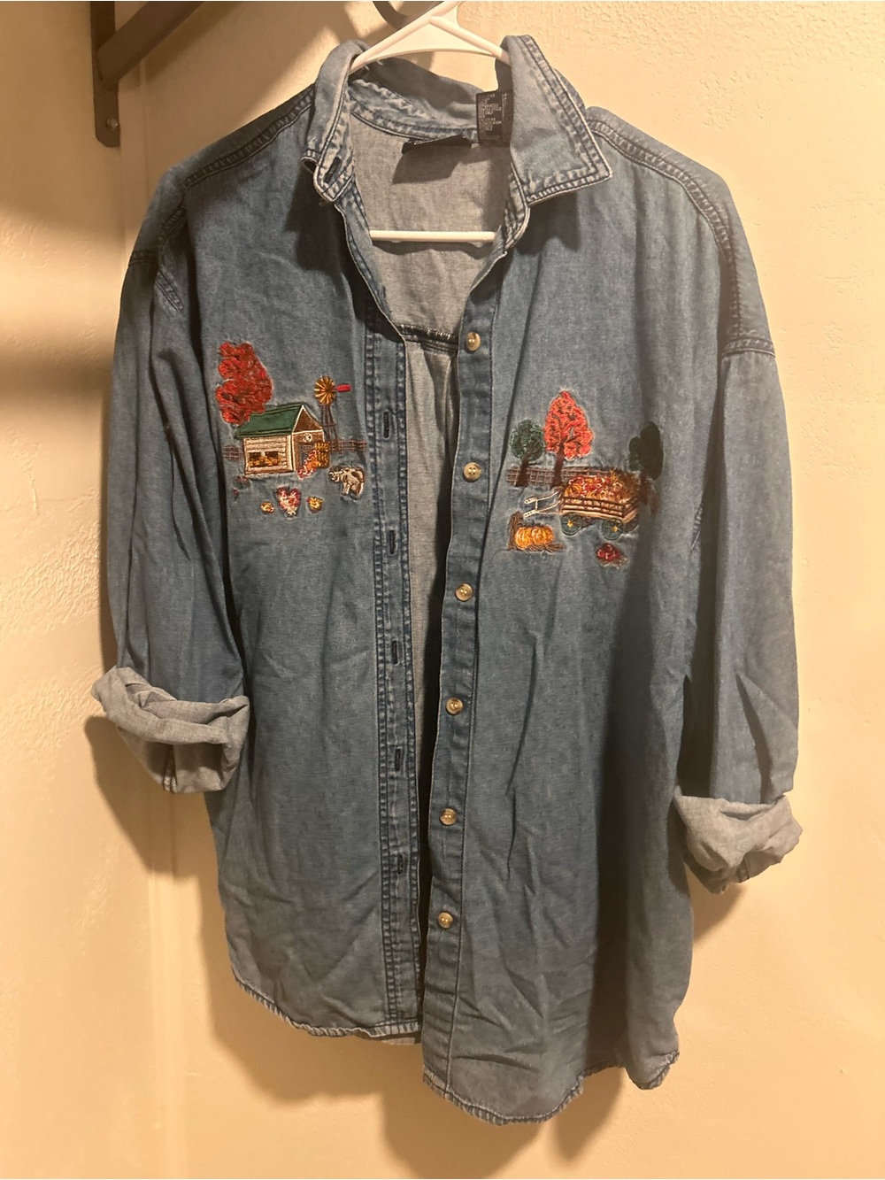 Fall Farm Autumn Embroidered Denim Button-Up Shirt